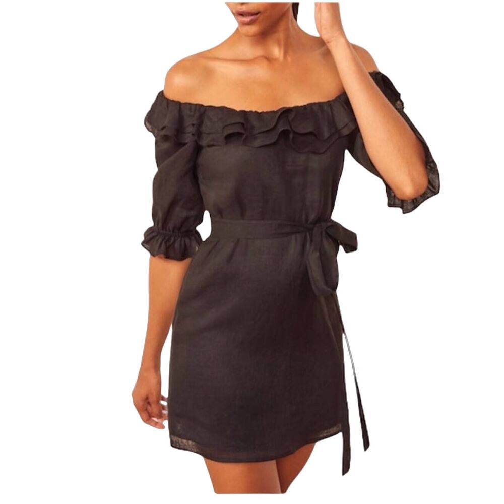 Reformation Indio Black Off‎ The Shoulder Mini Dress Sz S